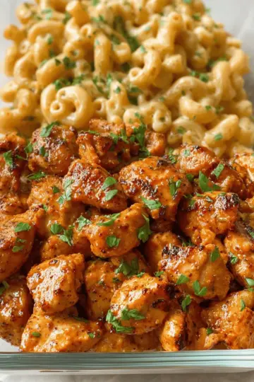 High Protein Honey Garlic Butter Chicken with Mac & Cheese