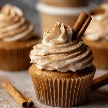 Vanilla Chai Pumpkin Latte Cupcakes with Cinnamon Brown Sugar Frosting.