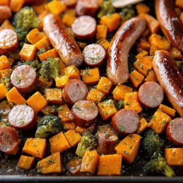 Sheet Pan Sausage and Sweet Potatoes with Honey Garlic Sauce