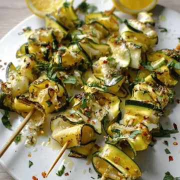 Zucchini Ribbon Skewers with Spicy Lemon Garlic Butter.