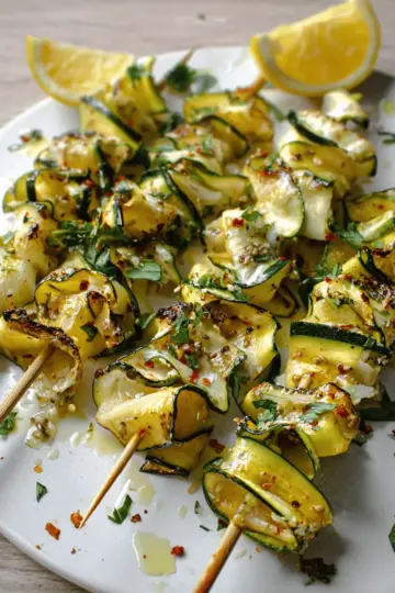 Zucchini Ribbon Skewers with Spicy Lemon Garlic Butter.