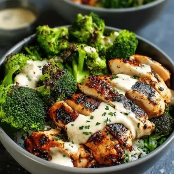Grilled Chicken & Broccoli Bowls with Creamy Garlic Sauce