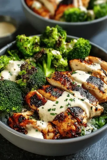 Grilled Chicken & Broccoli Bowls with Creamy Garlic Sauce