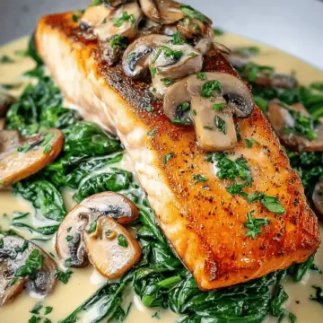 Garlic Butter Salmon with Spinach & Mushrooms in Creamy Sauce