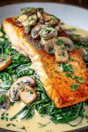 Garlic Butter Salmon with Spinach & Mushrooms in Creamy Sauce