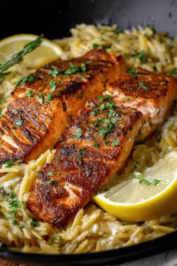 Pan-Fried Salmon with Creamy Lemon Orzo