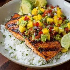 Grilled Lime Salmon with Avocado-Mango Salsa and Coconut Rice
