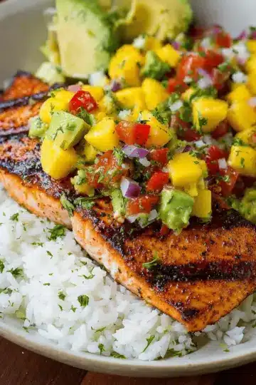 Grilled Lime Salmon with Avocado-Mango Salsa and Coconut Rice