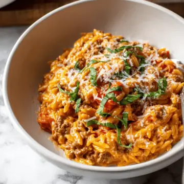 Ground Beef Orzo with Tomato Cream Sauce