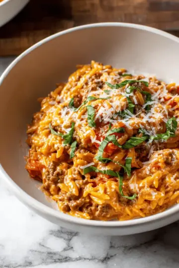 Ground Beef Orzo with Tomato Cream Sauce
