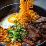 Spicy Korean Ramen with Grilled Beef & Creamy Sauce