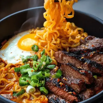 Spicy Korean Ramen with Grilled Beef & Creamy Sauce