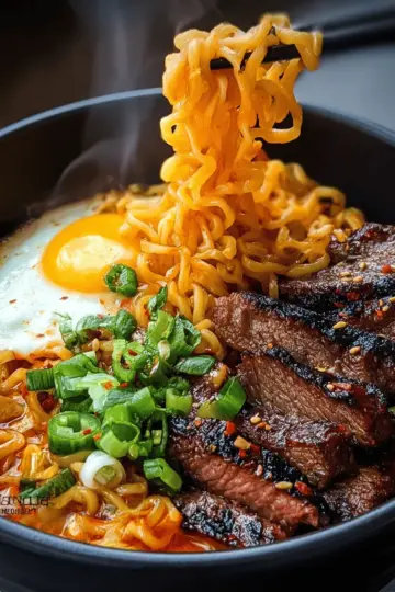 Spicy Korean Ramen with Grilled Beef & Creamy Sauce