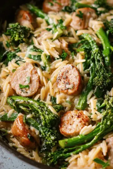 Broccolini, Chicken Sausage, and Orzo Skillet