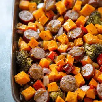 Sheet Pan Sausage and Sweet Potatoes with Honey Garlic Sauce
