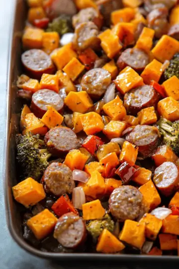 Sheet Pan Sausage and Sweet Potatoes with Honey Garlic Sauce