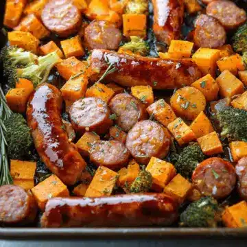 Sheet Pan Sausage and Sweet Potatoes with Honey Garlic Sauce