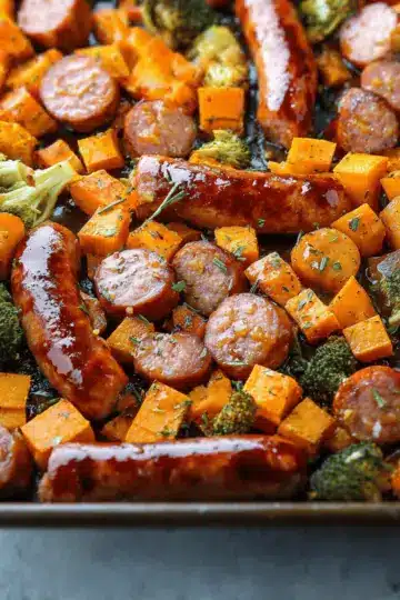 Sheet Pan Sausage and Sweet Potatoes with Honey Garlic Sauce