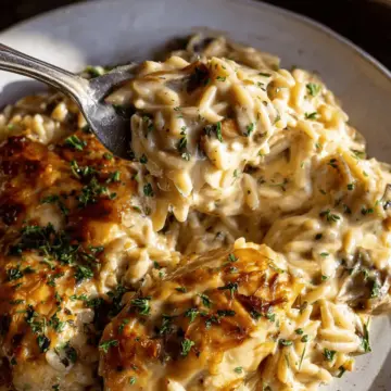 Crockpot Creamy French Onion Chicken and Orzo