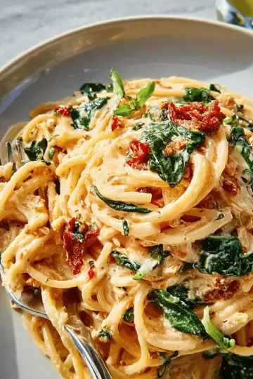 Spaghetti & Spinach with Sun-Dried Tomato Cream Sauce
