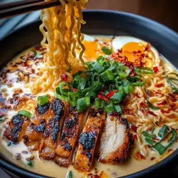 Fiery Chicken Ramen with Creamy Garlic Sauce