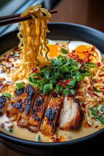 Fiery Chicken Ramen with Creamy Garlic Sauce