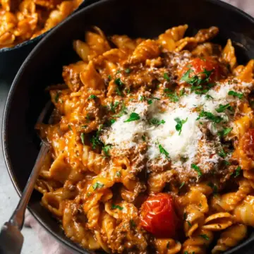 One pot creamy tomato beef pasta