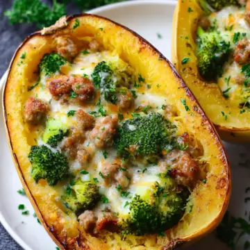 Stuffed Spaghetti Squash with Broccoli, Sausage, and Cheddar Cheese