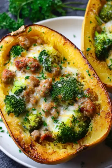Stuffed Spaghetti Squash with Broccoli, Sausage, and Cheddar Cheese