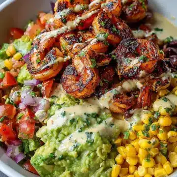 Grilled Shrimp Bowl with Avocado, Corn Salsa & Creamy Garlic Sauce