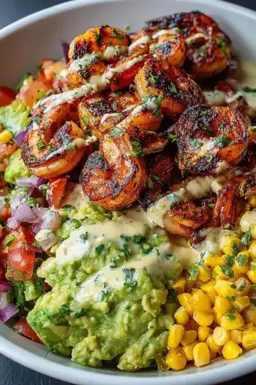 Grilled Shrimp Bowl with Avocado, Corn Salsa & Creamy Garlic Sauce