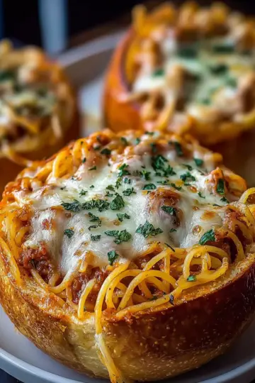 Spaghetti Garlic Bread Bowls