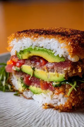 Crispy Tuna Avocado Rice Burger