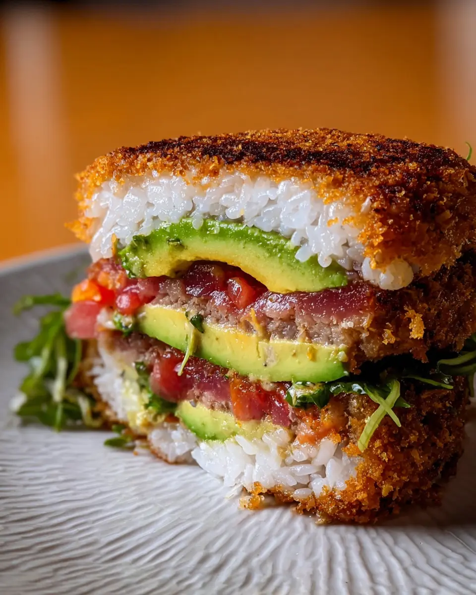 crispy tuna avocado rice burger