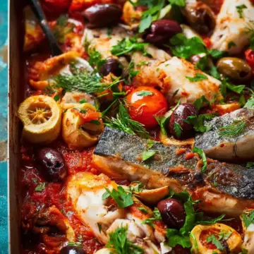 Puttanesca fish tray bake