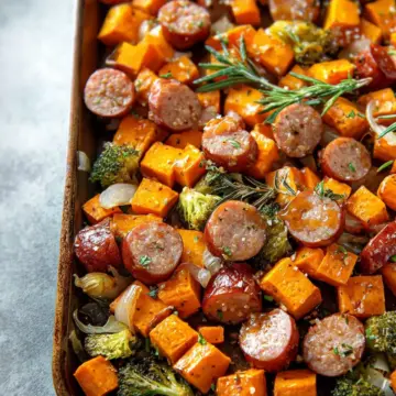 Sheet Pan Sausage and Sweet Potatoes with Honey Garlic Sauce