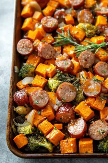 Sheet Pan Sausage and Sweet Potatoes with Honey Garlic Sauce