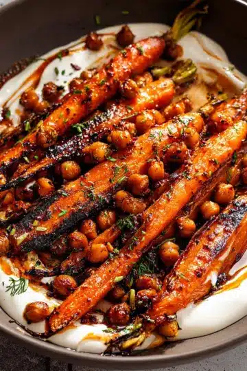 Spicy maple roast carrots with crispy chickpeas and yogurt sauce