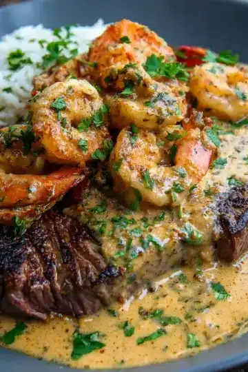 Steak in Creamy Cajun Shrimp Sauce