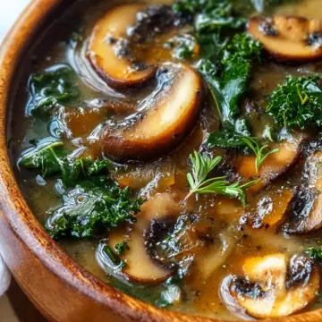 Wild Mushroom, Caramelized Onion and Kale Soup