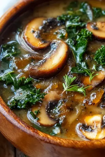 Wild Mushroom, Caramelized Onion and Kale Soup